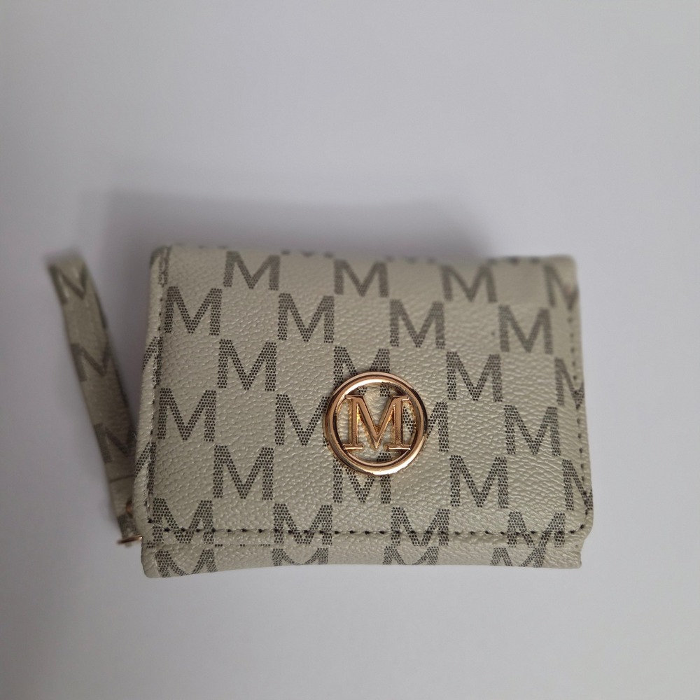 Monogram M Print Trifold Wallet Cream Taupe Gold Tone Logo ID Window Coin Pocket